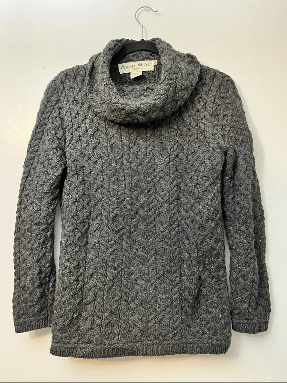Aran Mor Merino Wool Made In Ireland Charcoal Cable-Knit Cowl Neck Sweater